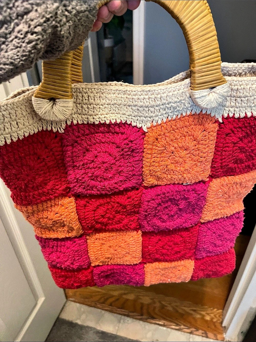 Color Block Crochet Tote in Pink & Orange Like New